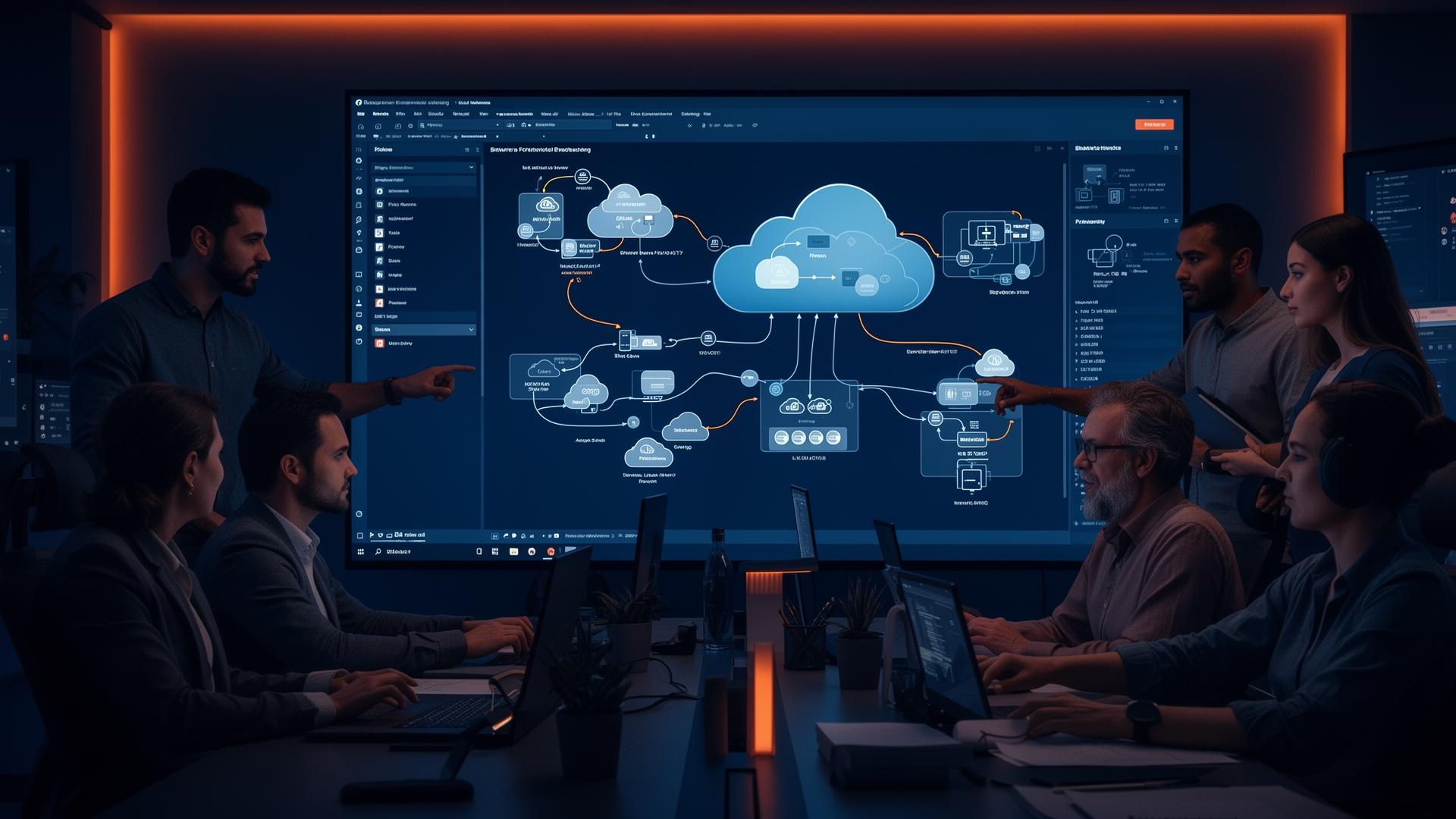 Engineering team reviewing a cloud architecture diagram